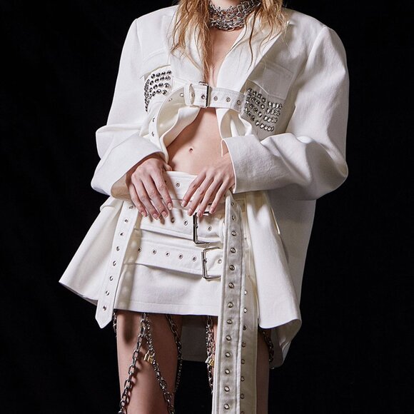 Studded Belted Blazer Suit Jacket White - Picture 1 of 5